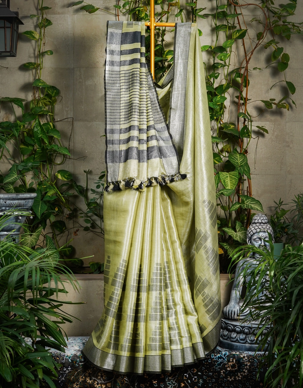 Green Olive And Charcoal Striped Tissu Linen Saree