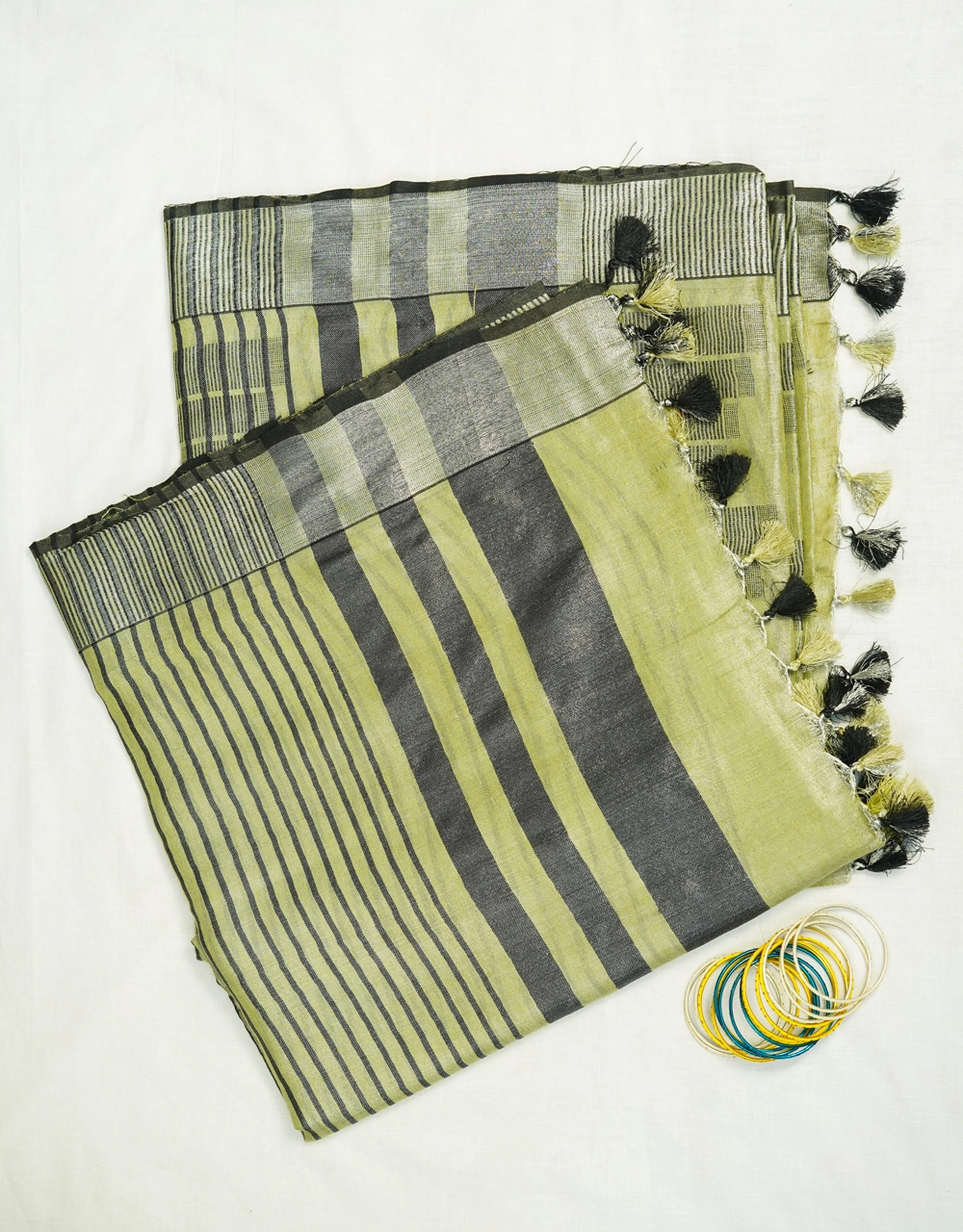 Hovered view of Green Olive And Charcoal Striped Tissu Linen Saree