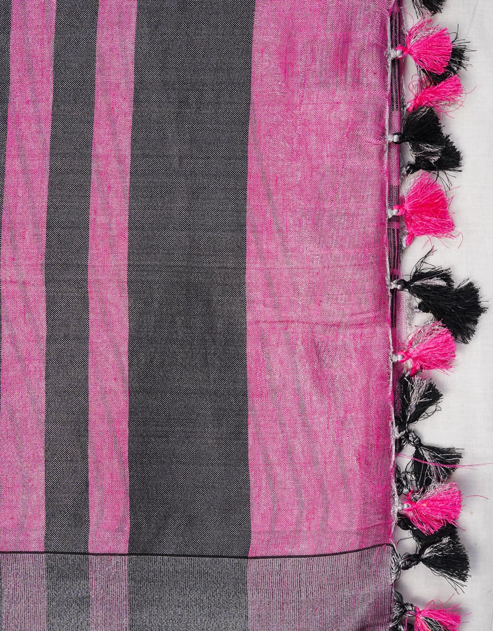 Pink And Charcoal Striped Tissue Linen Saree With Contrast Tassels - View 3