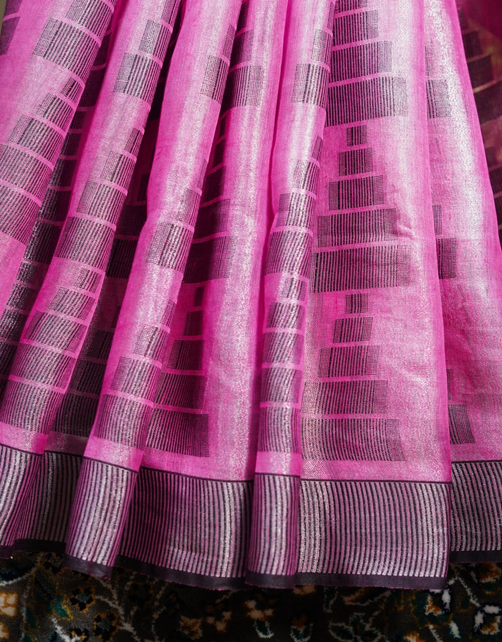 Pink And Charcoal Striped Tissue Linen Saree With Contrast Tassels - View 5