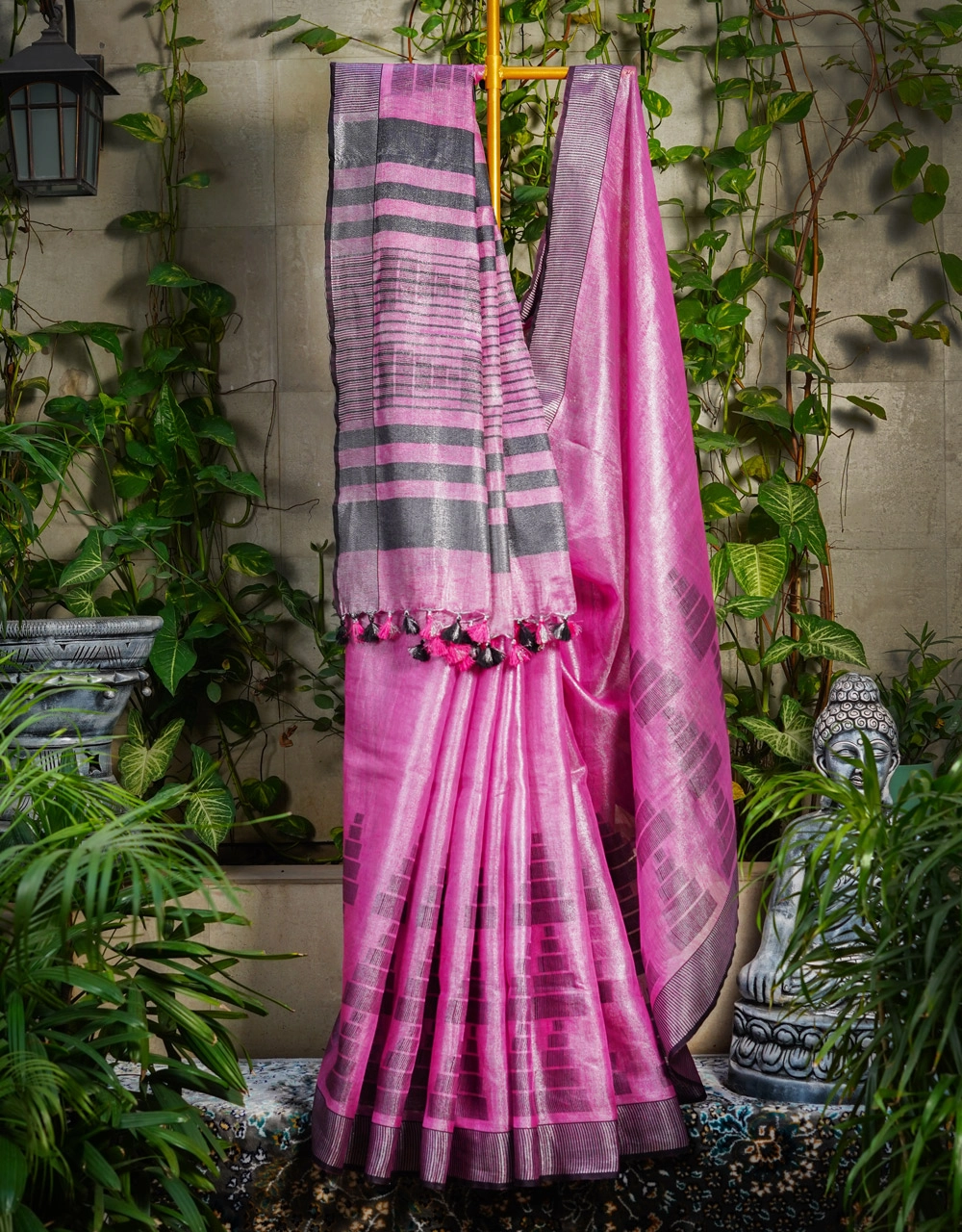 Pink And Charcoal Striped Tissue Linen Saree With Contrast Tassels