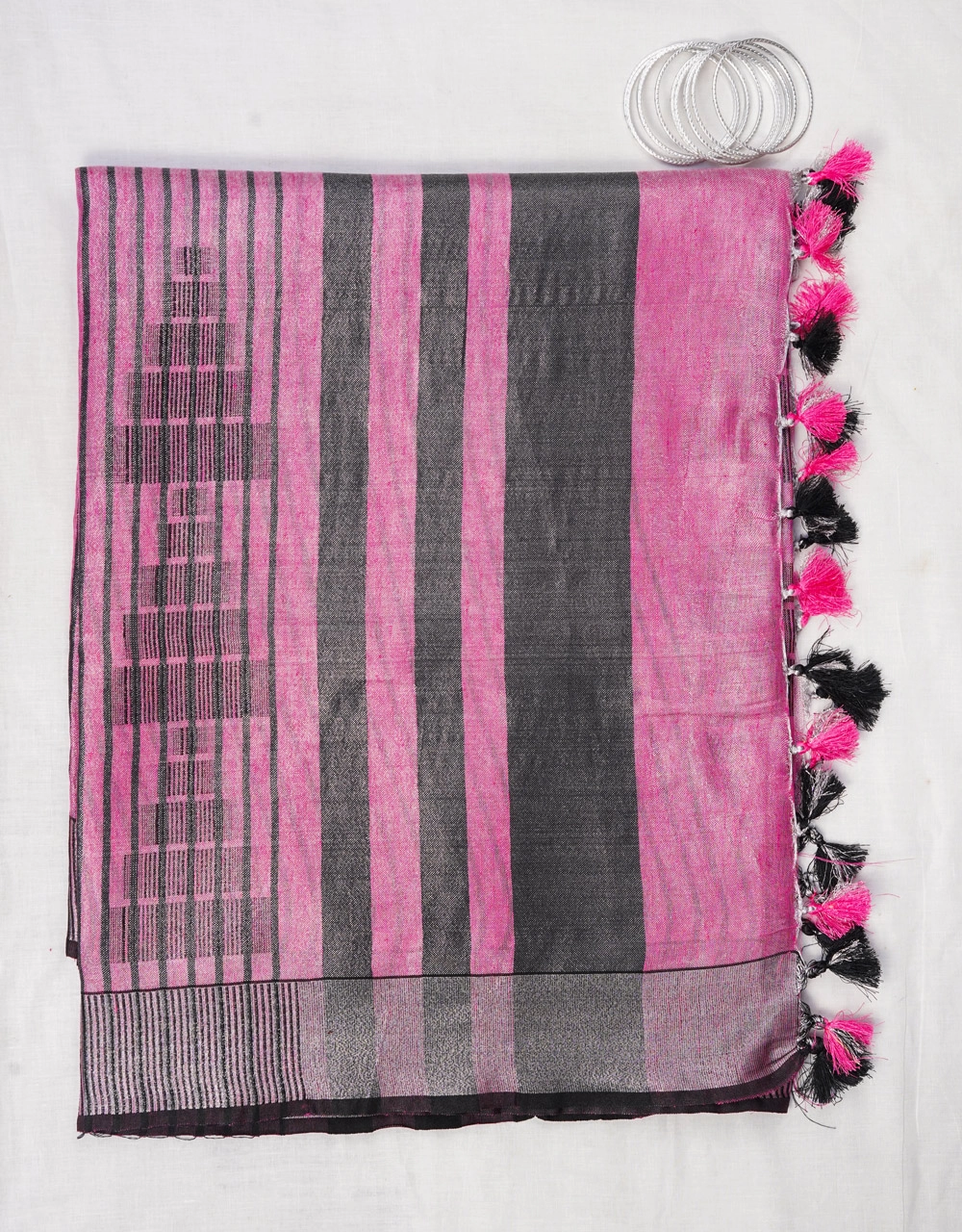Hovered view of Pink And Charcoal Striped Tissue Linen Saree With Contrast Tassels