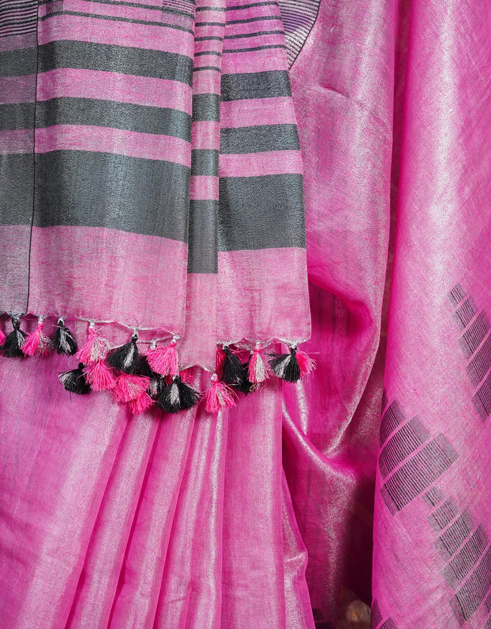 Pink And Charcoal Striped Tissue Linen Saree With Contrast Tassels - View 4