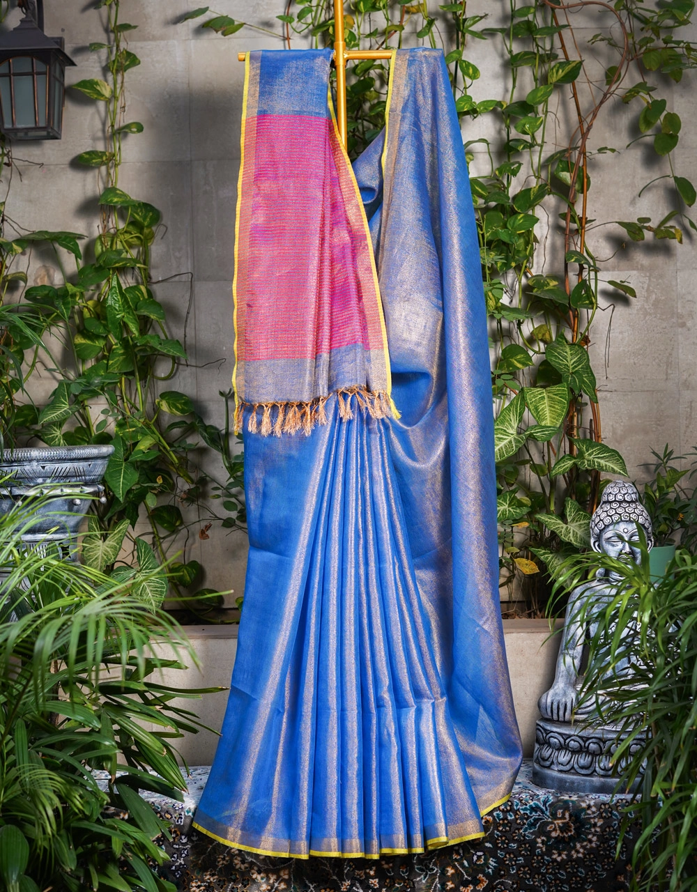 Blue And Rani Pink Striped Tissu Linen Saree With Tassels