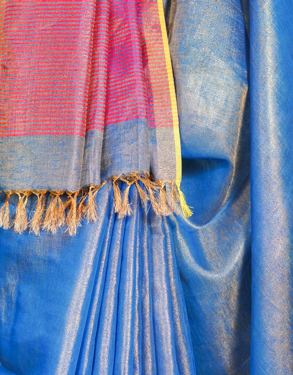 Blue And Rani Pink Striped Tissu Linen Saree With Tassels - View 4