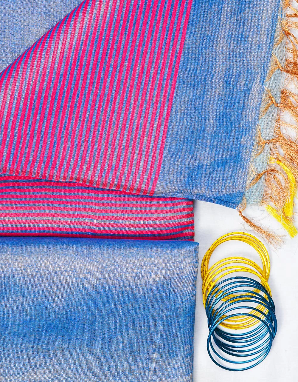 Blue And Rani Pink Striped Tissu Linen Saree With Tassels - View 3