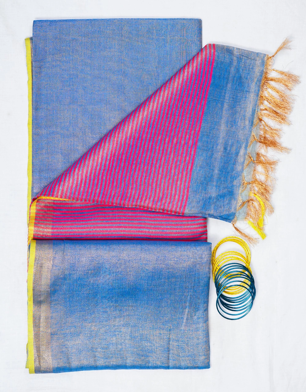 Hovered view of Blue And Rani Pink Striped Tissu Linen Saree With Tassels
