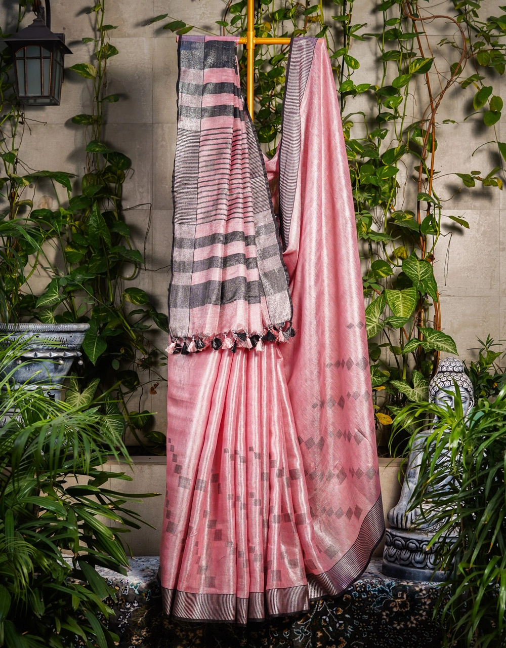 Pink And Charcoal Striped Tissu Linen Saree With Tassel Pallu