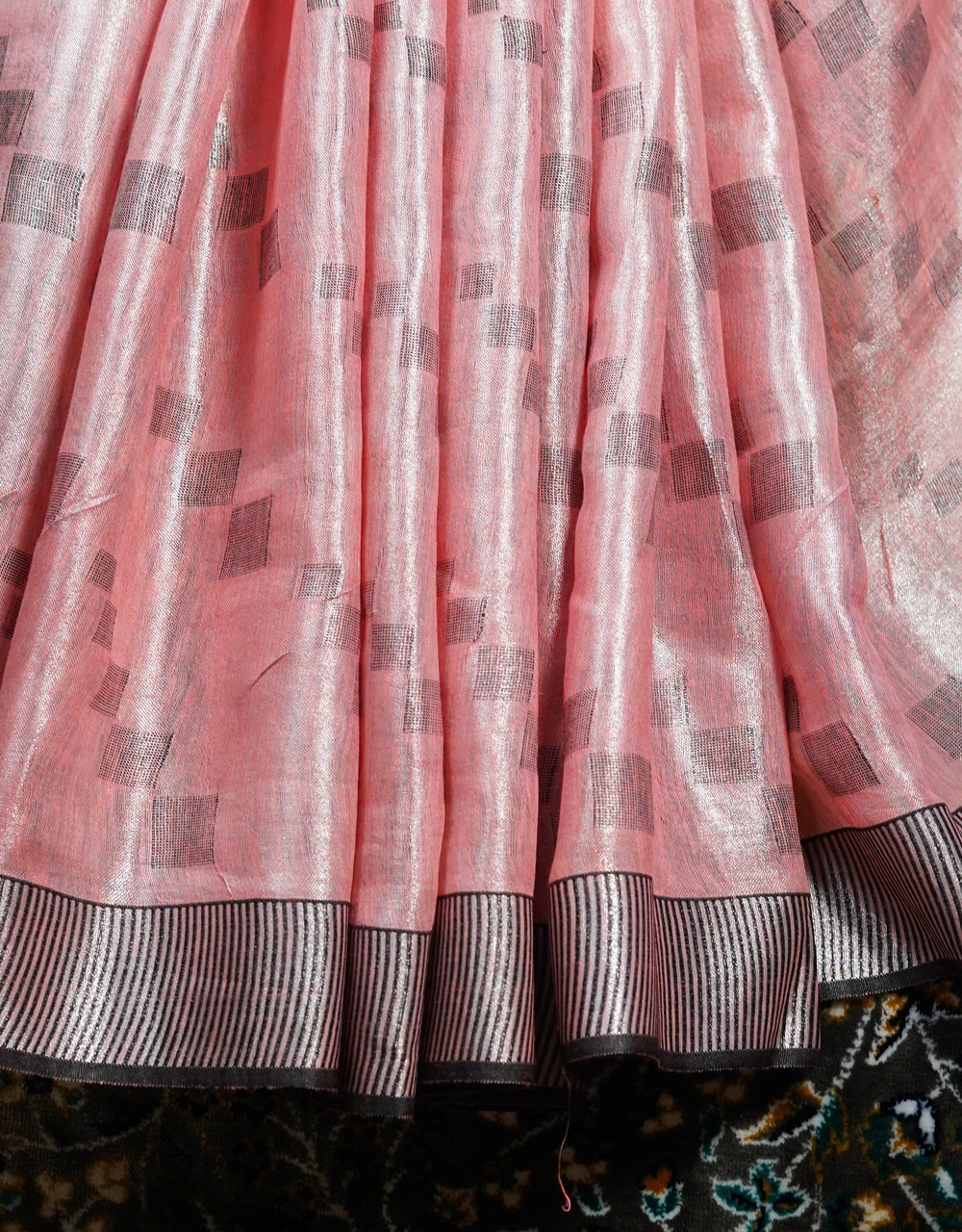 Pink And Charcoal Striped Tissu Linen Saree With Tassel Pallu - View 5