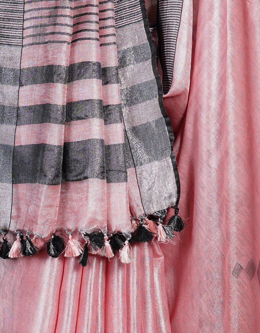 Pink And Charcoal Striped Tissu Linen Saree With Tassel Pallu - View 4