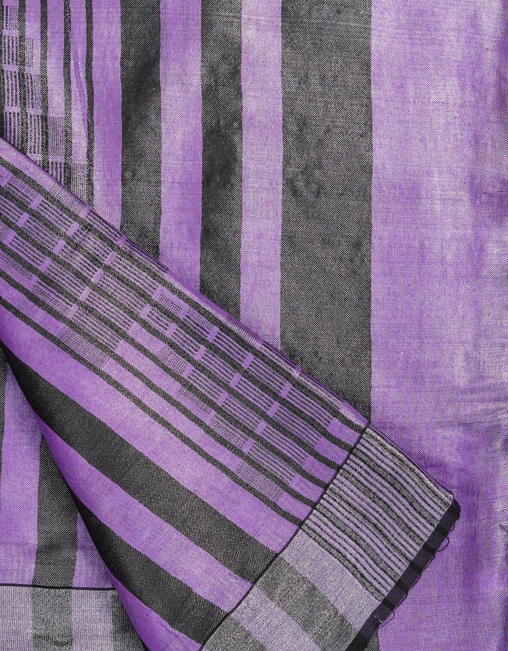 Lavender Purple And Charcoal Striped Tissue Linen Saree With Contrast Tassels - View 3