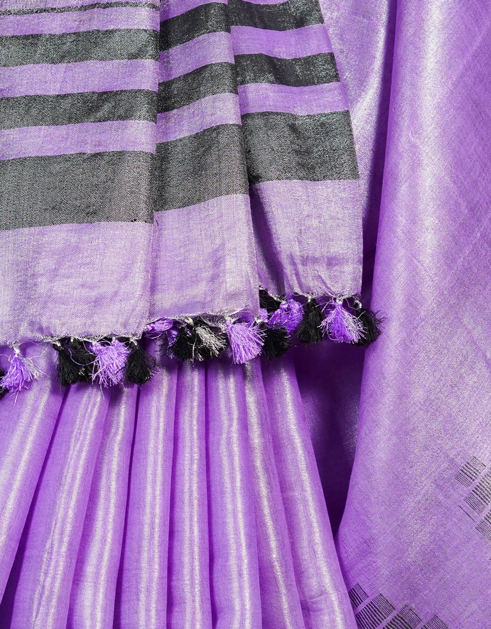 Lavender Purple And Charcoal Striped Tissue Linen Saree With Contrast Tassels - View 4