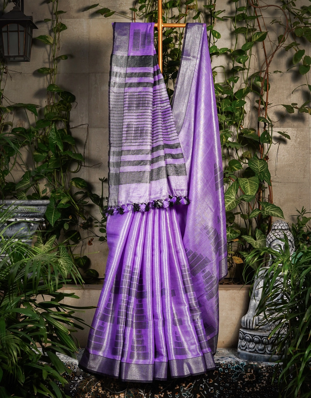 Lavender Purple And Charcoal Striped Tissue Linen Saree With Contrast Tassels