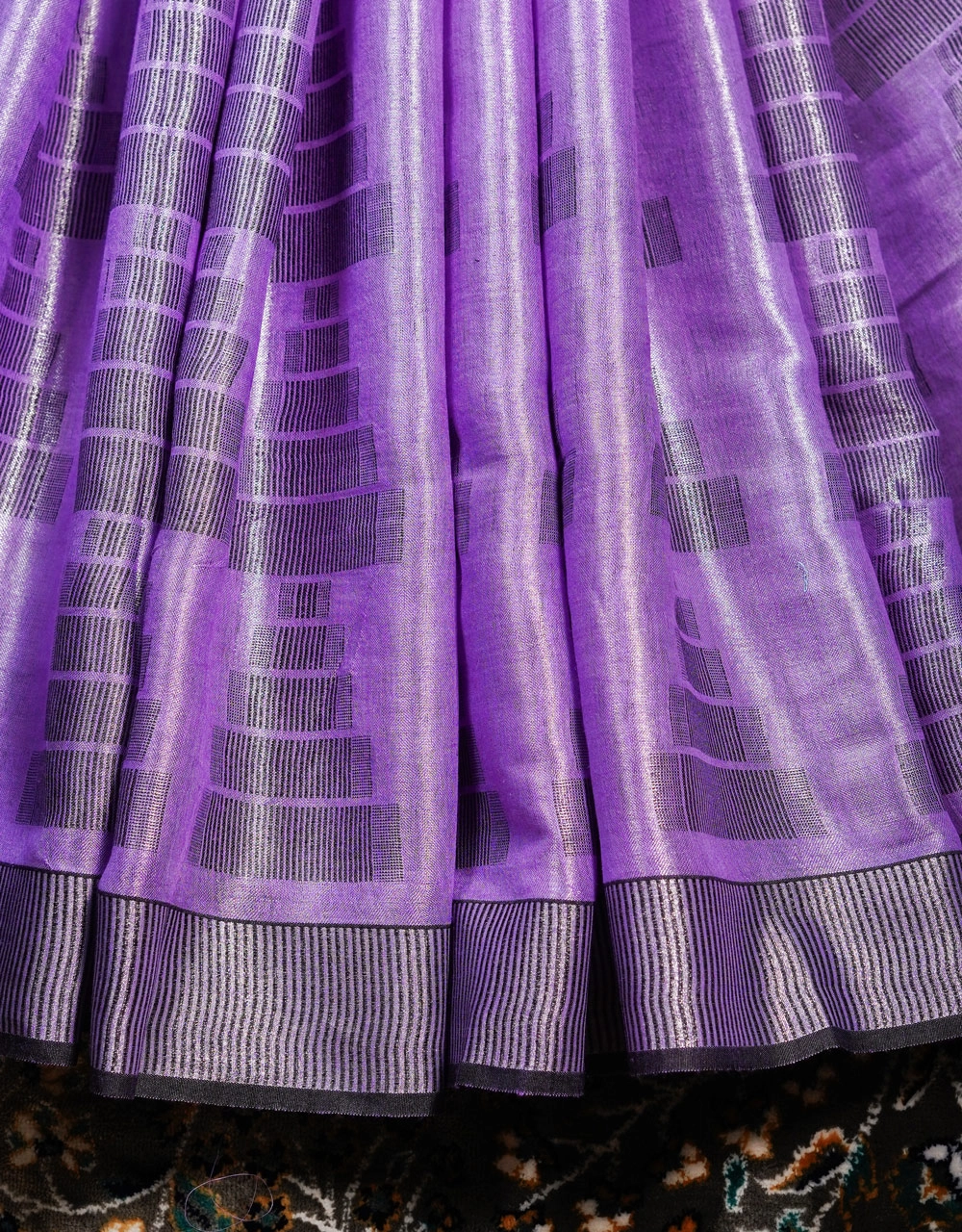 Lavender Purple And Charcoal Striped Tissue Linen Saree With Contrast Tassels - View 5