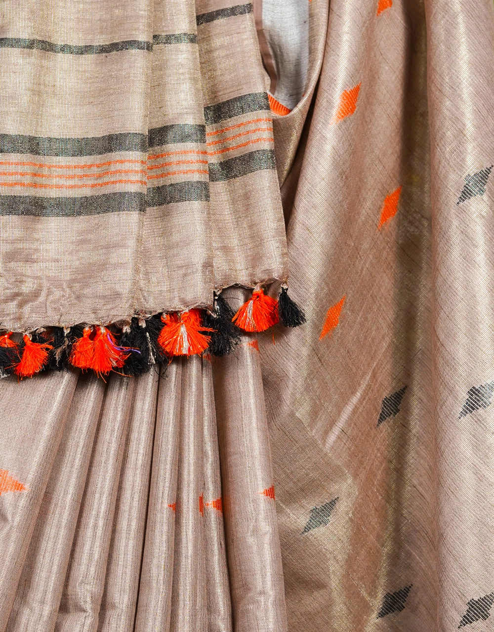 Beige Tissue Linen Saree With Orange And  Black Woven Motifs - View 4