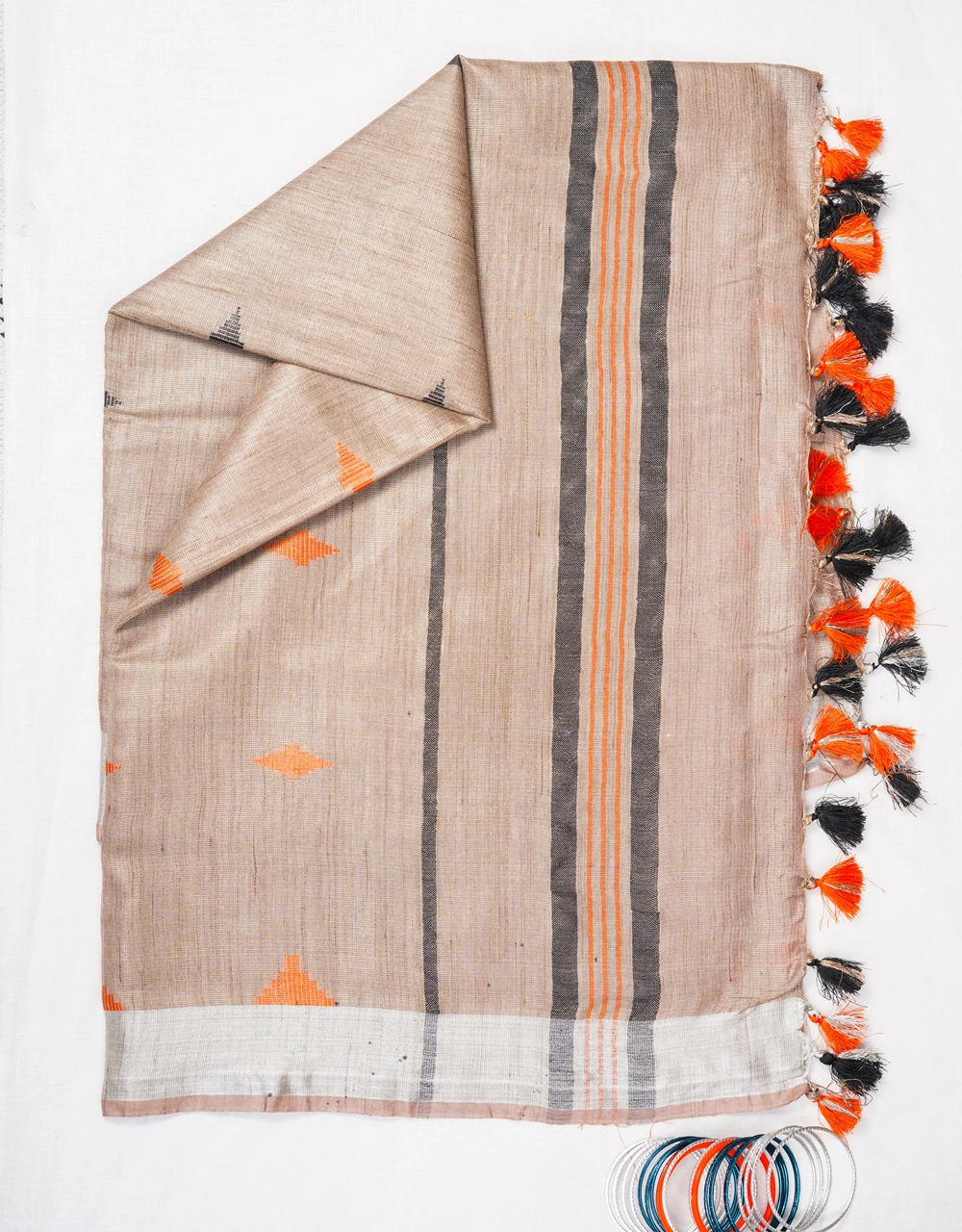 Hovered view of Beige Tissue Linen Saree With Orange And  Black Woven Motifs