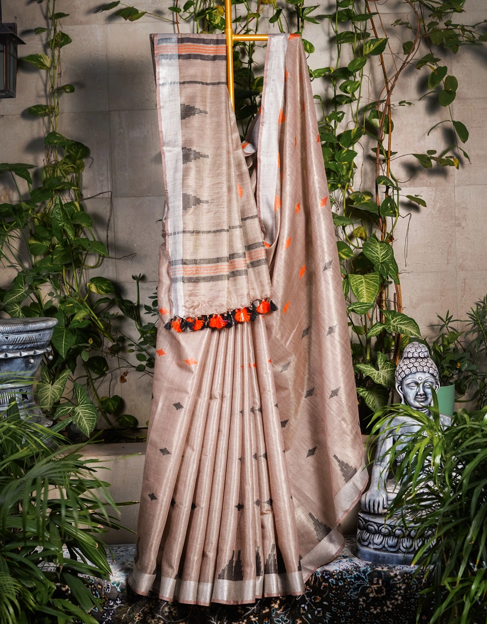Beige Tissue Linen Saree With Orange And  Black Woven Motifs