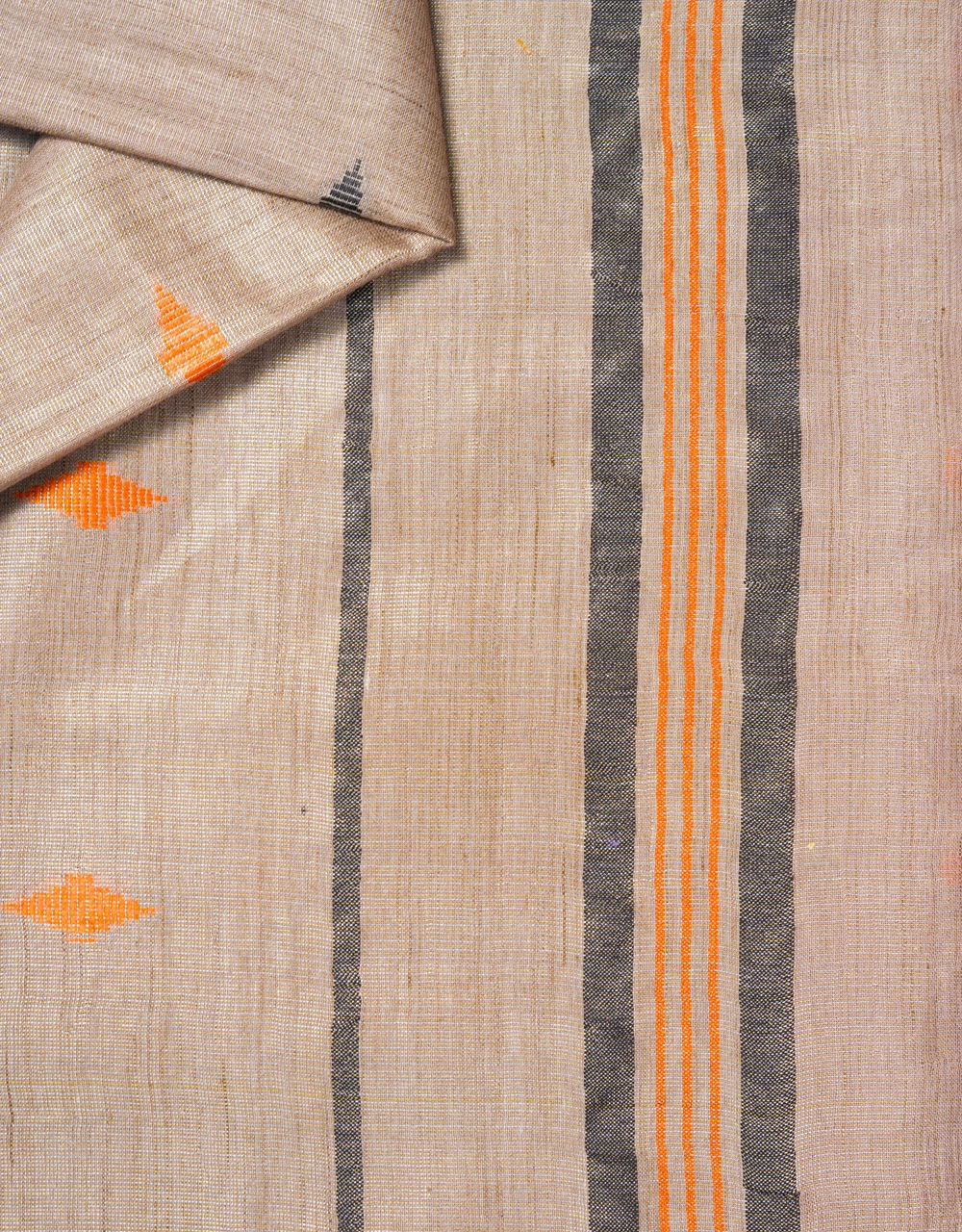 Beige Tissue Linen Saree With Orange And  Black Woven Motifs - View 3