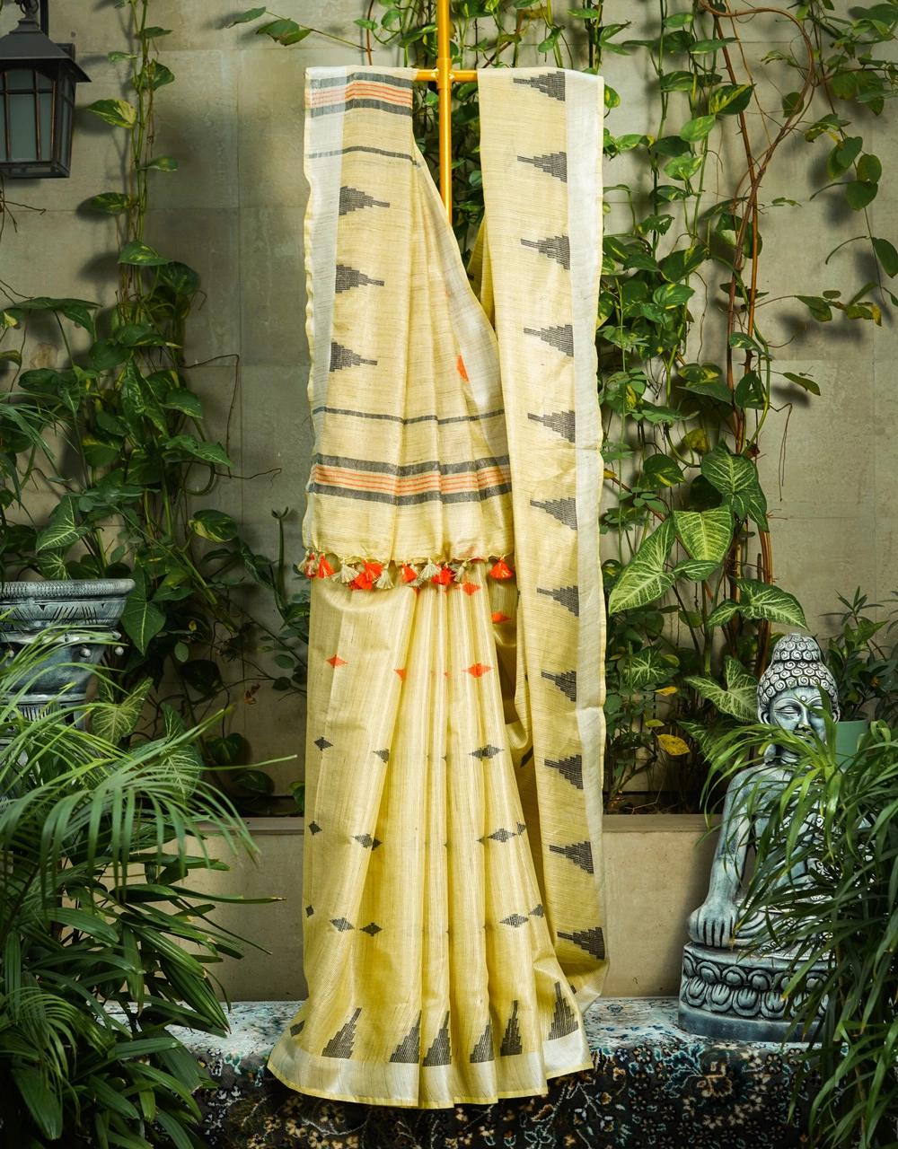 Yellow Lemon Tissu Linen Saree With Contrast Stripes And Tassels