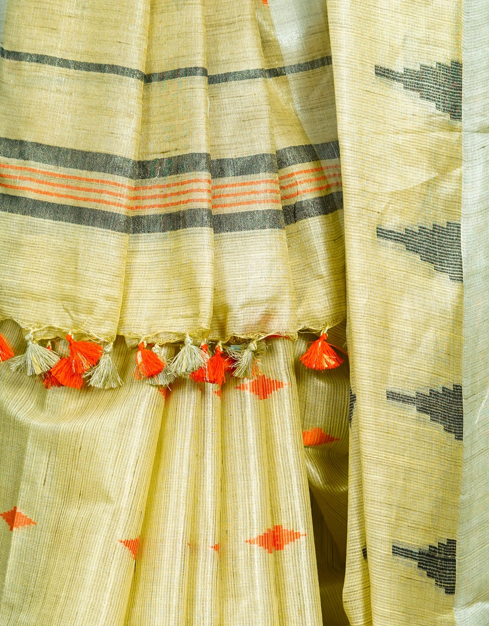 Yellow Lemon Tissu Linen Saree With Contrast Stripes And Tassels - View 4