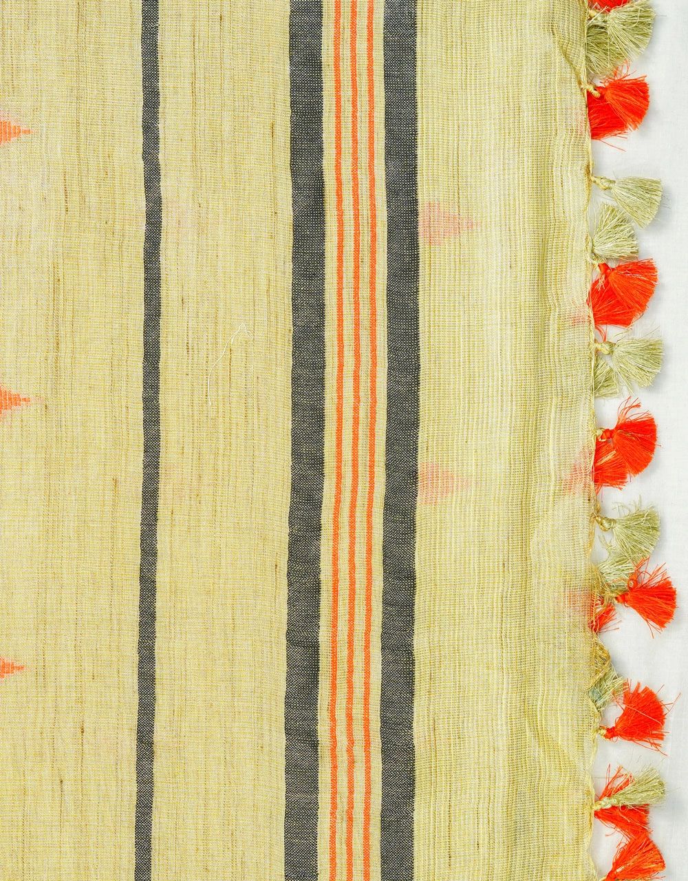 Yellow Lemon Tissu Linen Saree With Contrast Stripes And Tassels - View 3