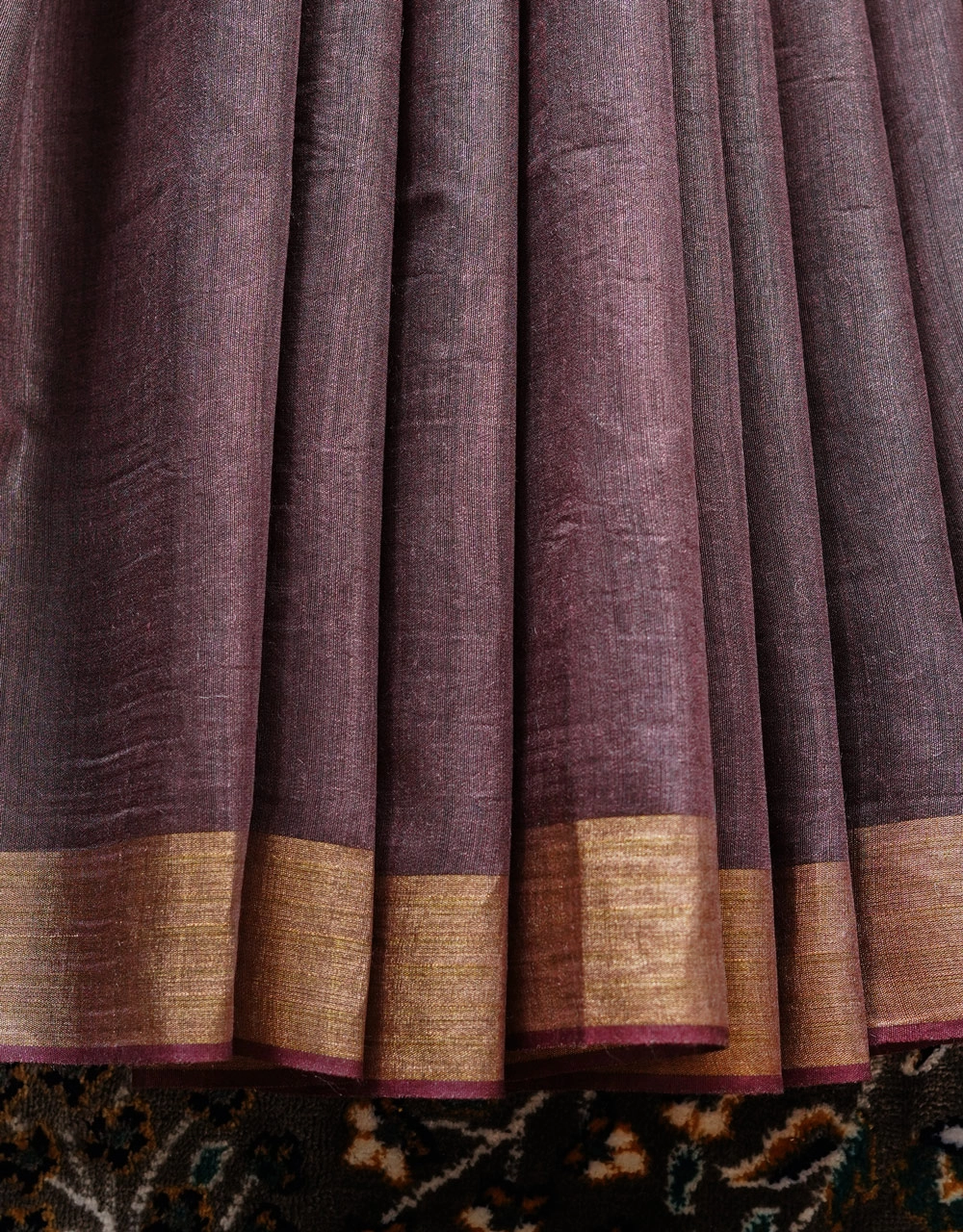 Maroon Wine Mulberry Munga Spun Silk Handloom Saree With Antique Gold Border - View 5