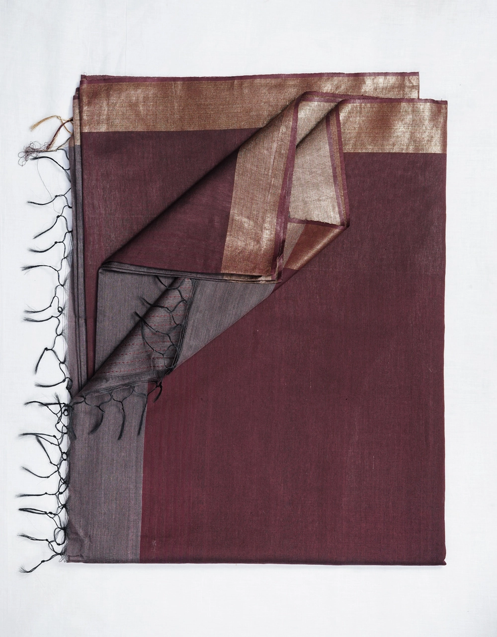 Hovered image of Maroon Wine Mulberry Munga Spun Silk Handloom Saree With Antique Gold Border