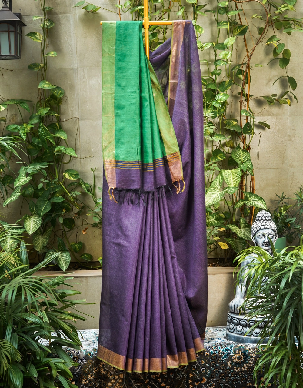 Violet Mulberry Munga Silk Spun Saree With Contrast Border