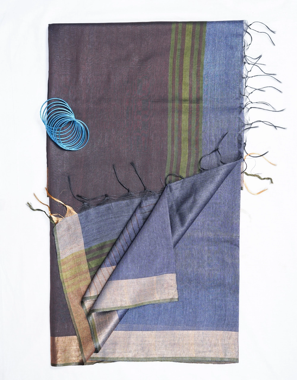 Hovered image of Blue And Earth Brown Mulberry Munga Silk Spun Handloom Saree