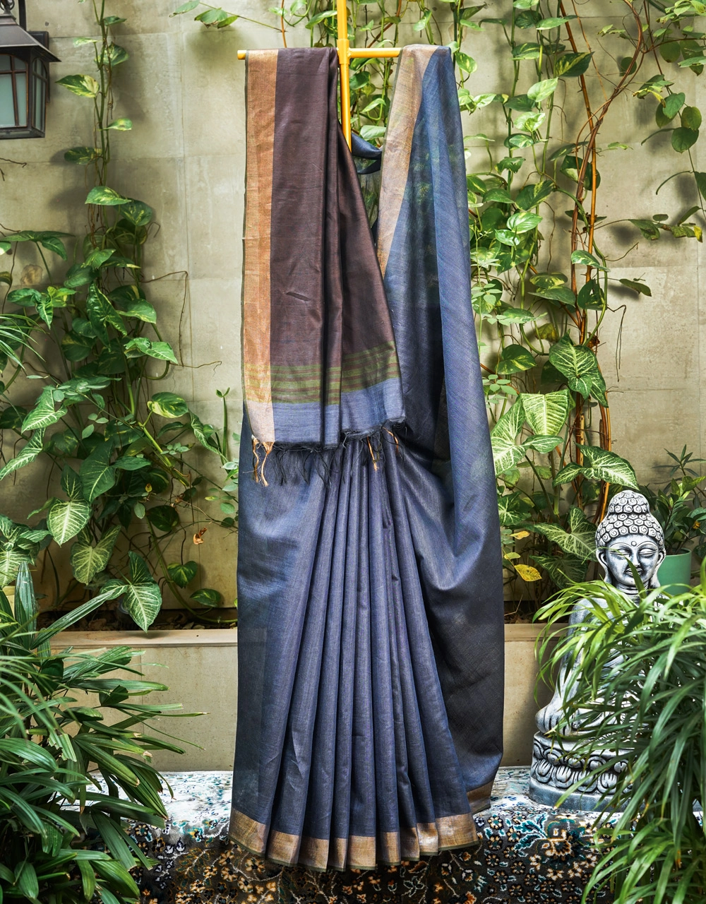 Blue And Earth Brown Mulberry Munga Silk Spun Handloom Saree