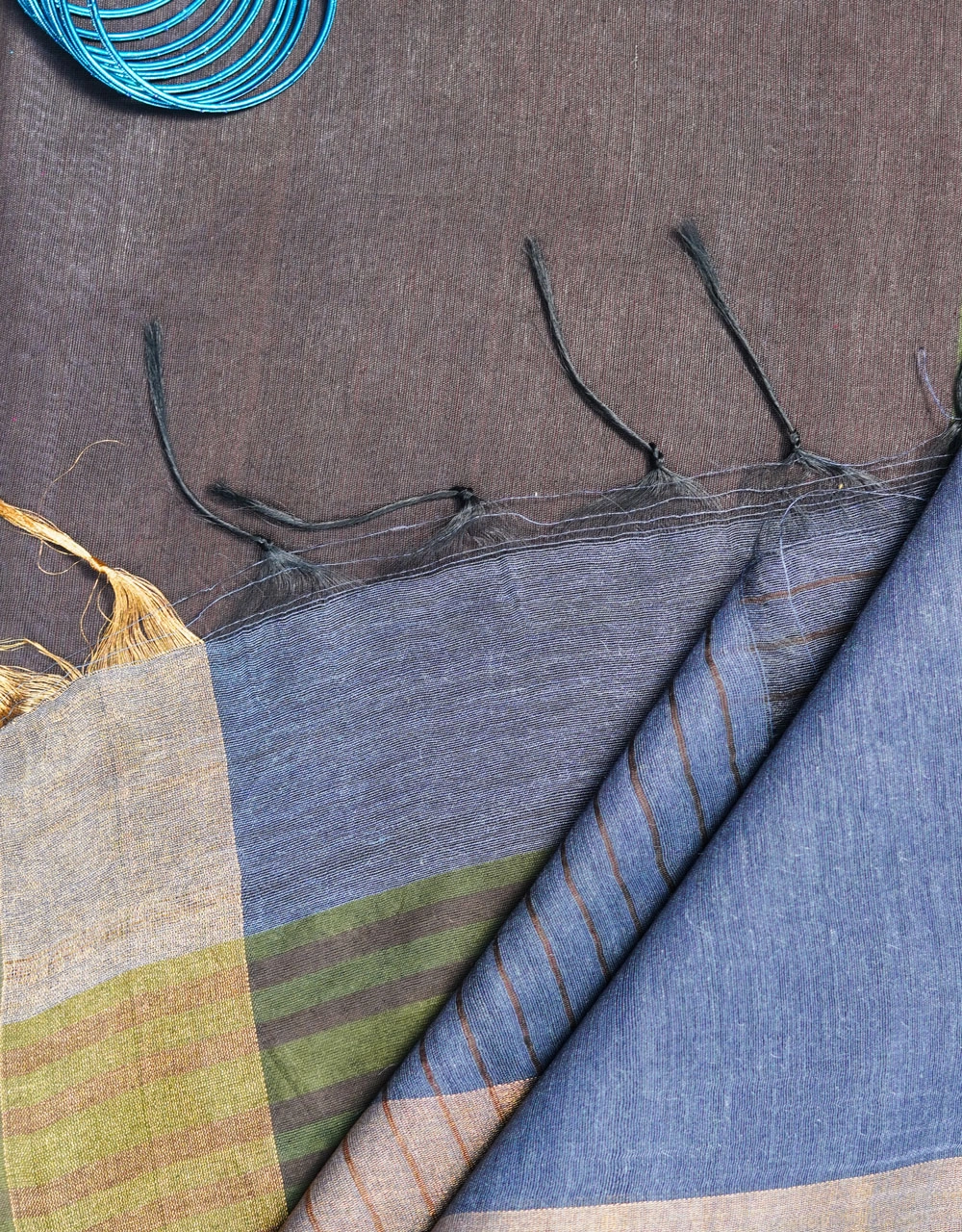 Blue And Earth Brown Mulberry Munga Silk Spun Handloom Saree - View 3