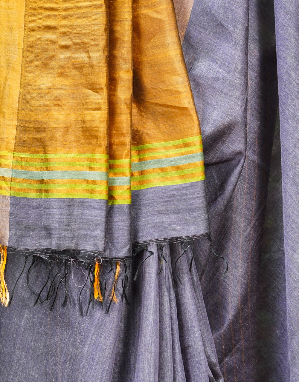 Mustard And Slate Grey Mulberry Munga Silk Spun Handloom Saree - View 4