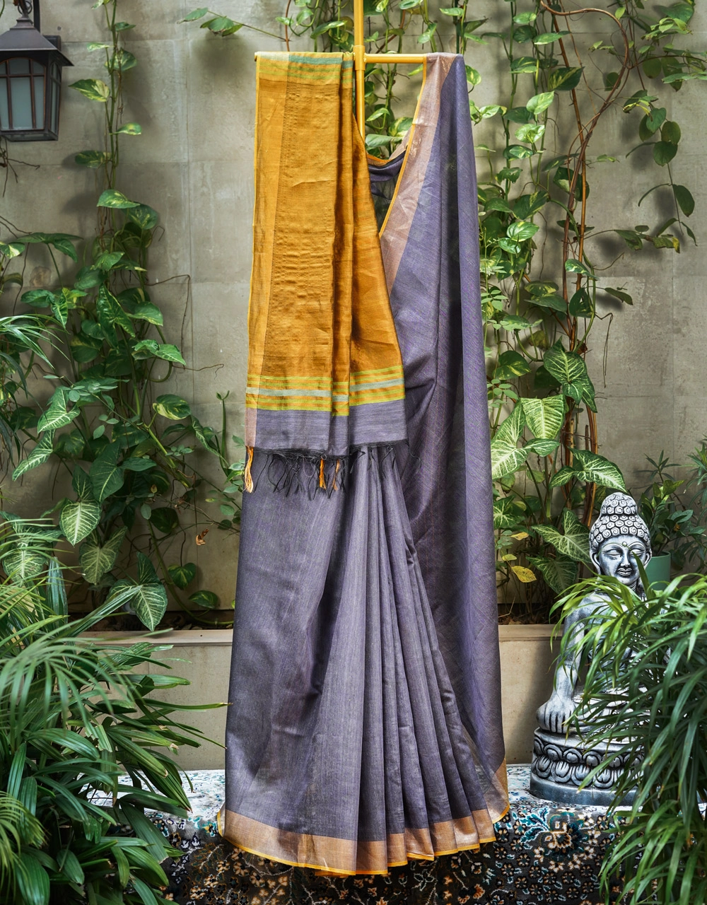 Mustard And Slate Grey Mulberry Munga Silk Spun Handloom Saree