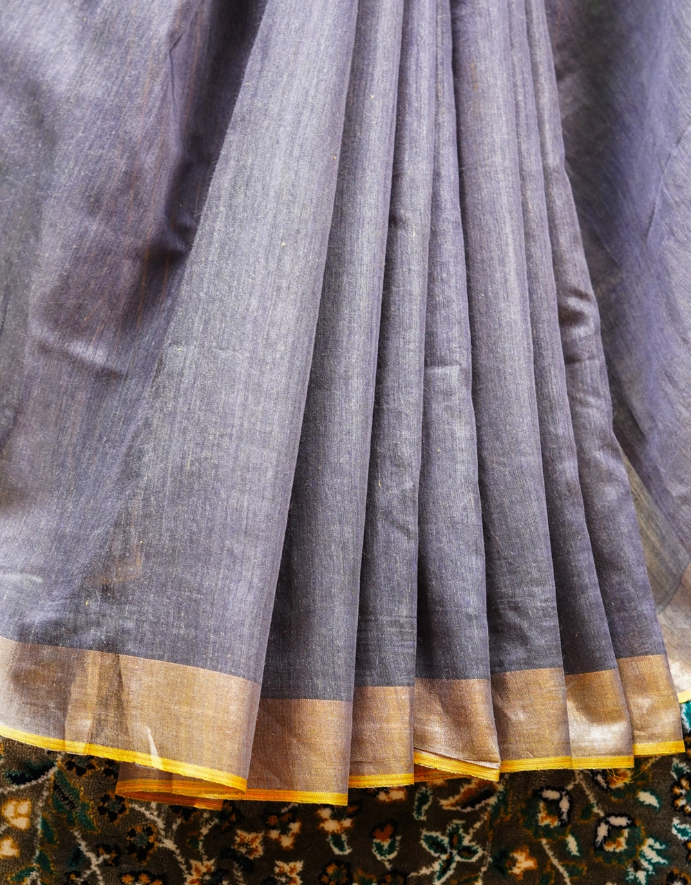 Mustard And Slate Grey Mulberry Munga Silk Spun Handloom Saree - View 5