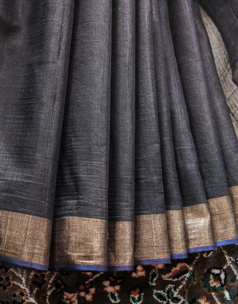 Black And Blue Pallu Mulberry Munga Silk Spun Handloom Saree - View 5