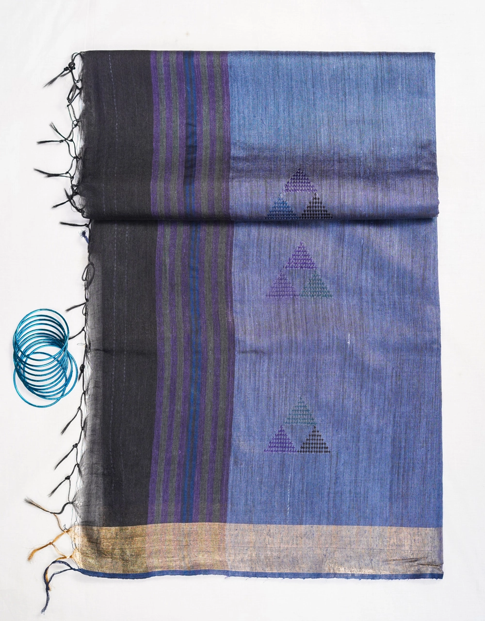 Hovered view of Black And Blue Pallu Mulberry Munga Silk Spun Handloom Saree