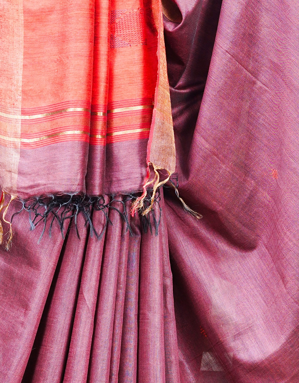 Coral Orange And Wine Plum Mulberry Munga Silk Spun Handloom Saree - View 4