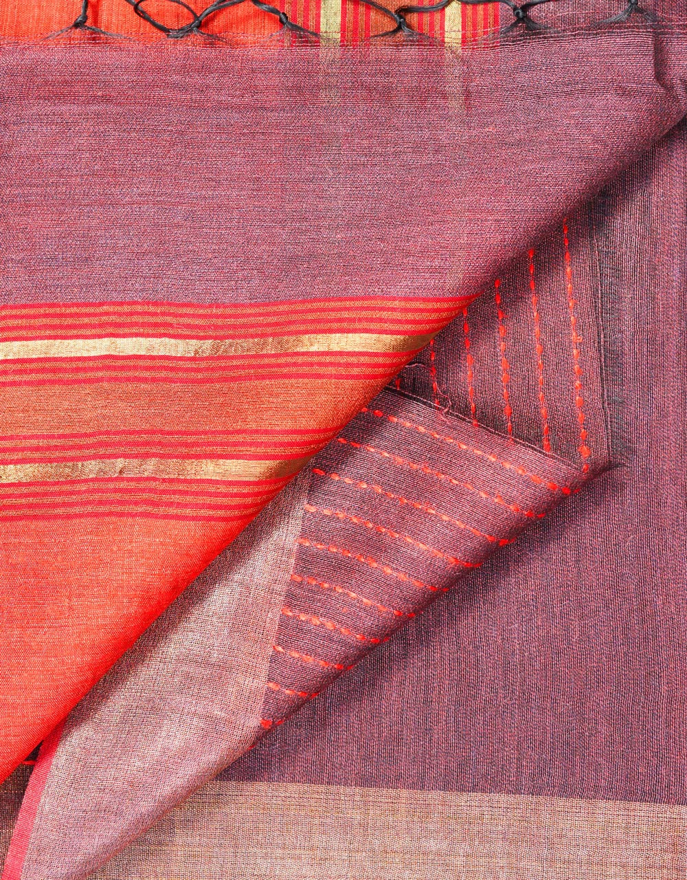 Coral Orange And Wine Plum Mulberry Munga Silk Spun Handloom Saree - View 3
