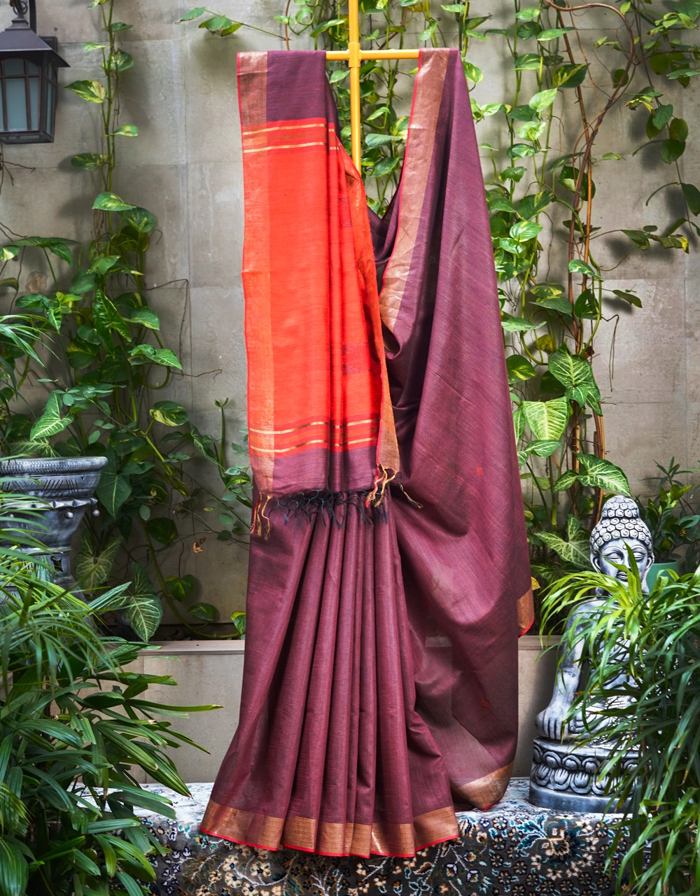 Coral Orange And Wine Plum Mulberry Munga Silk Spun Handloom Saree