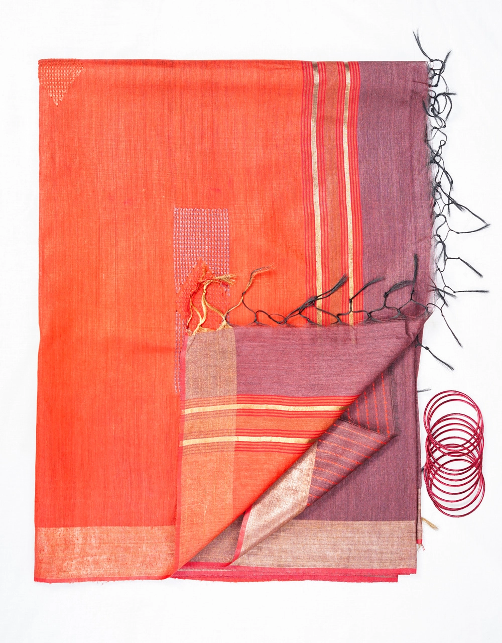 Hovered view of Coral Orange And Wine Plum Mulberry Munga Silk Spun Handloom Saree