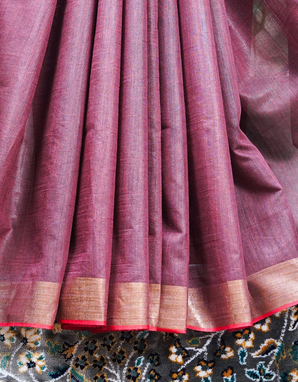 Coral Orange And Wine Plum Mulberry Munga Silk Spun Handloom Saree - View 5