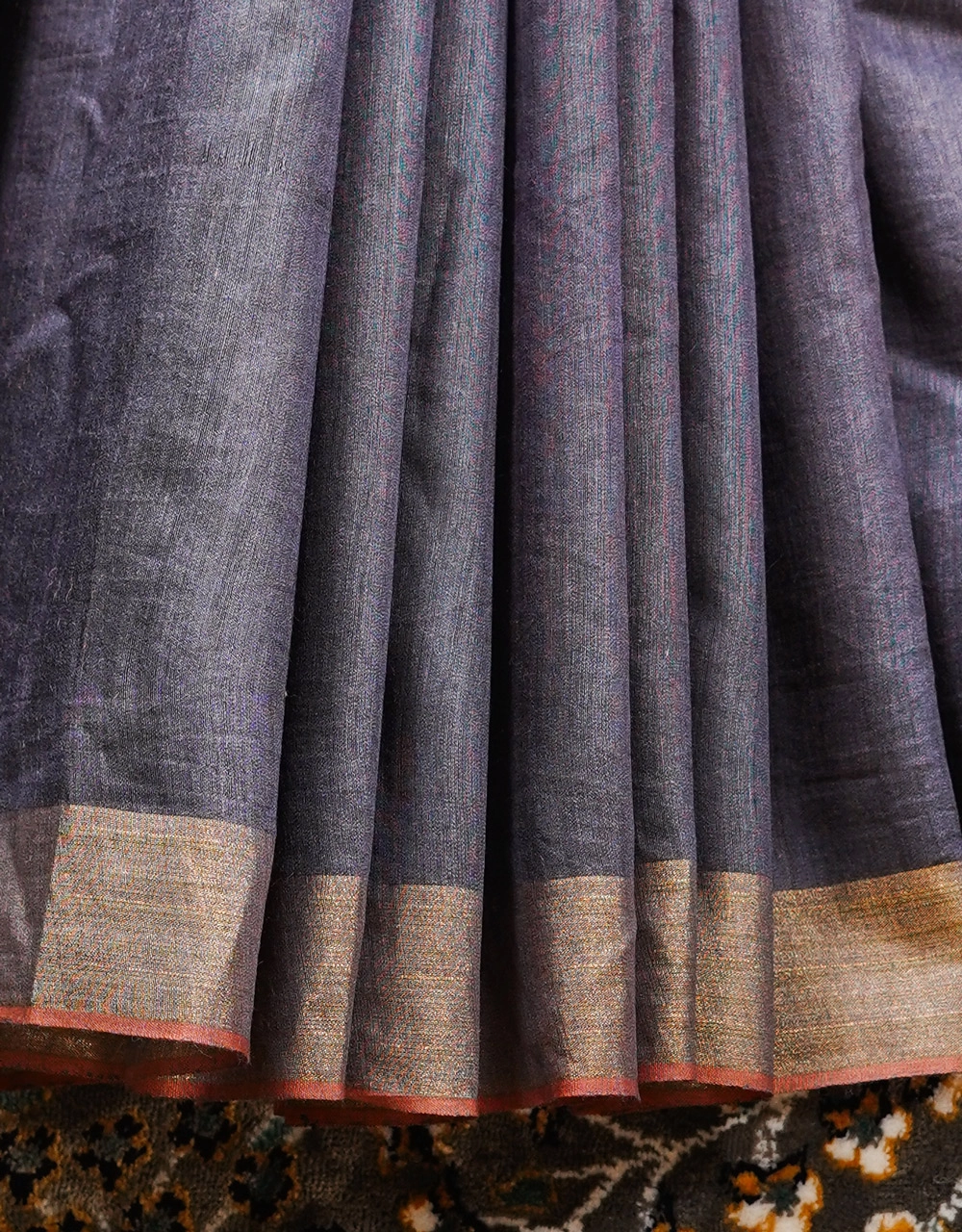Purple And Charcoal Grey Pure Handloom Mulberry Munga Silk Saree - View 5