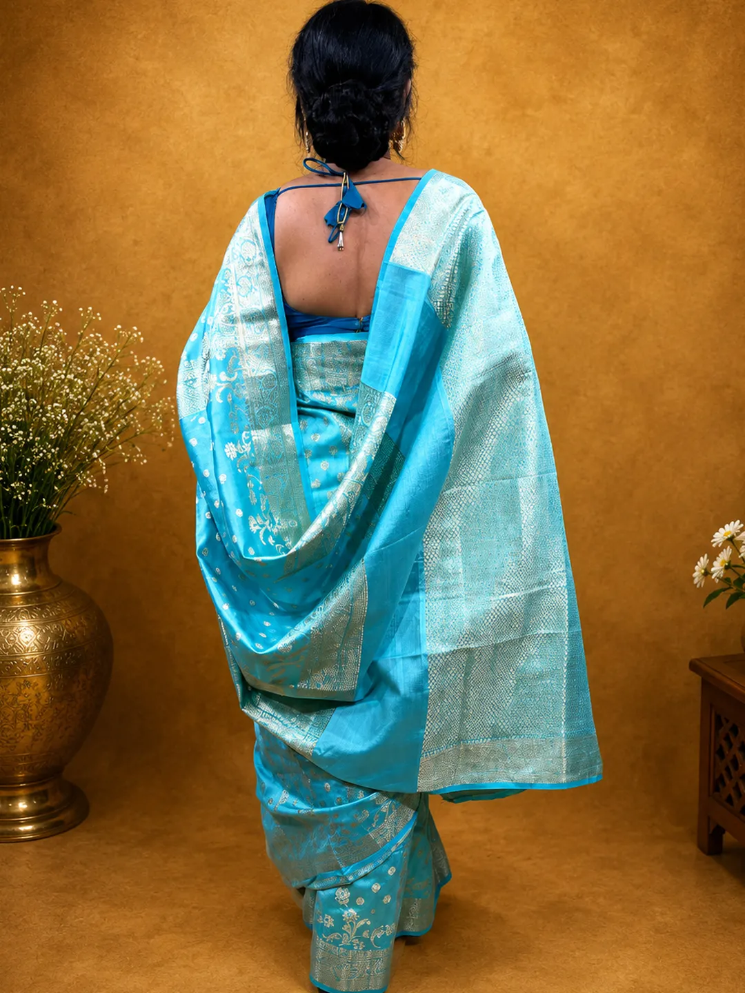 Blue Aqua Pure Chiniya Banarasi Silk Saree front view