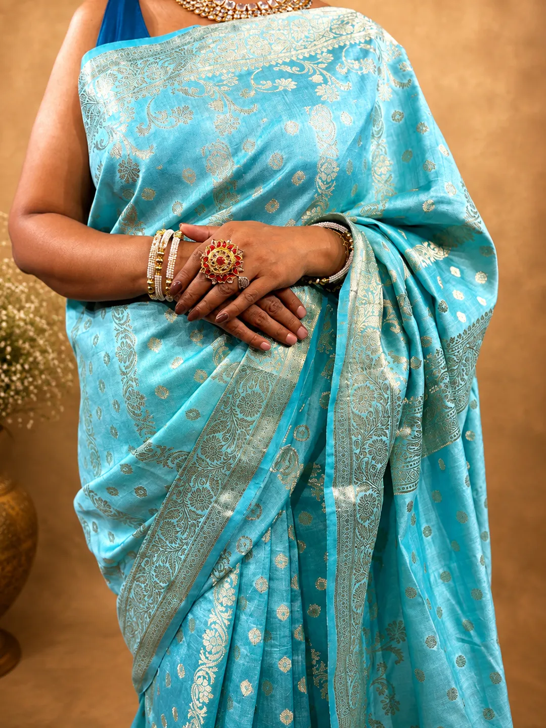 Blue Aqua Pure Chiniya Banarasi Silk Saree front view