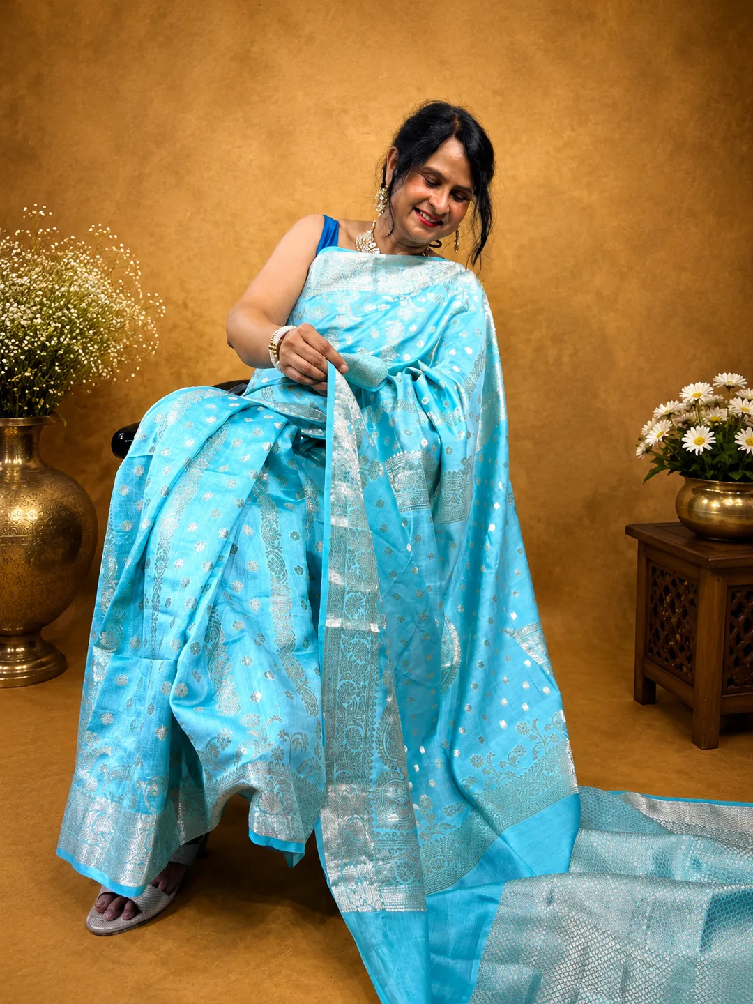 Blue Aqua Pure Chiniya Banarasi Silk Saree front view