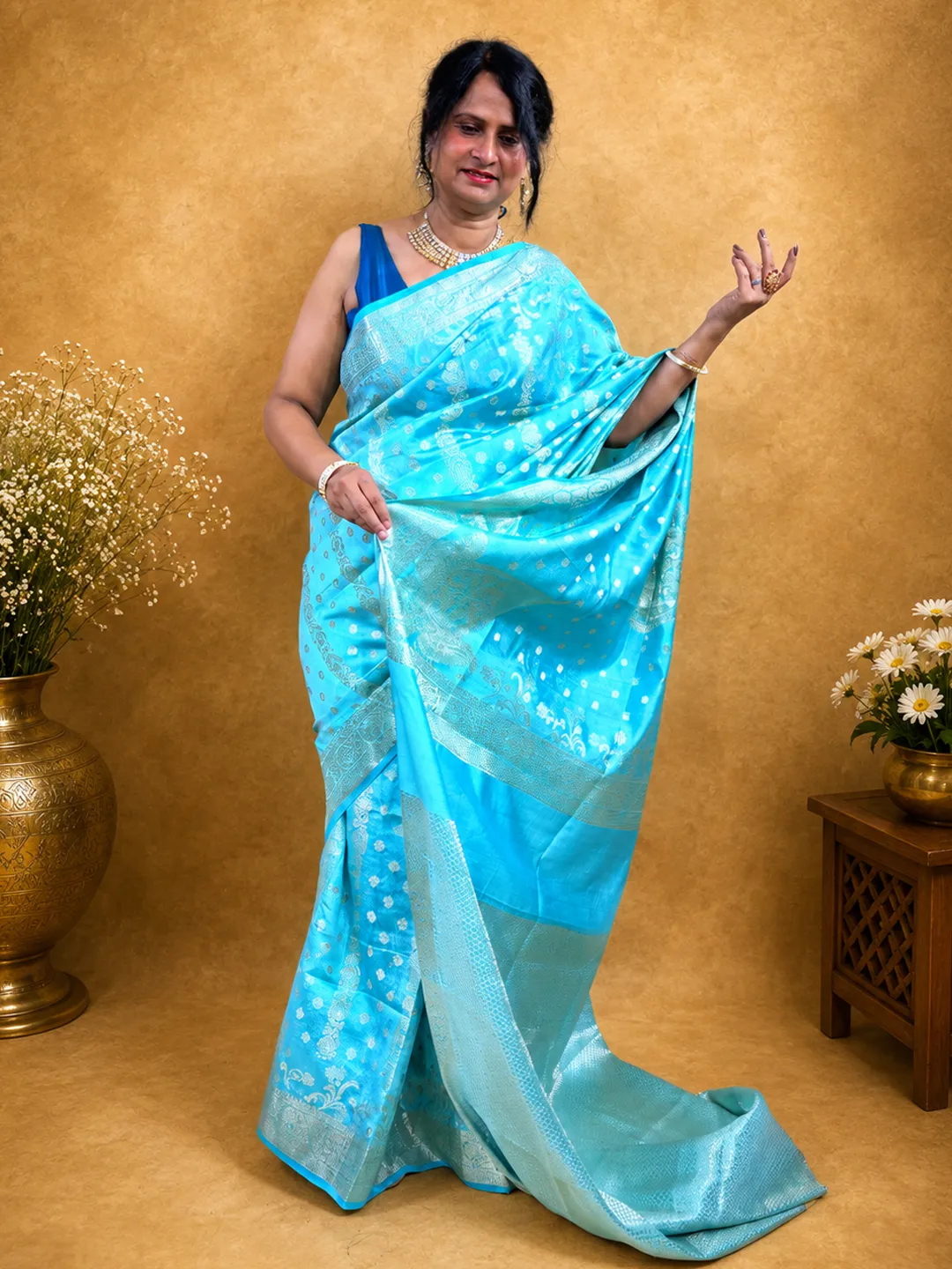 Blue Aqua Pure Chiniya Banarasi Silk Saree
