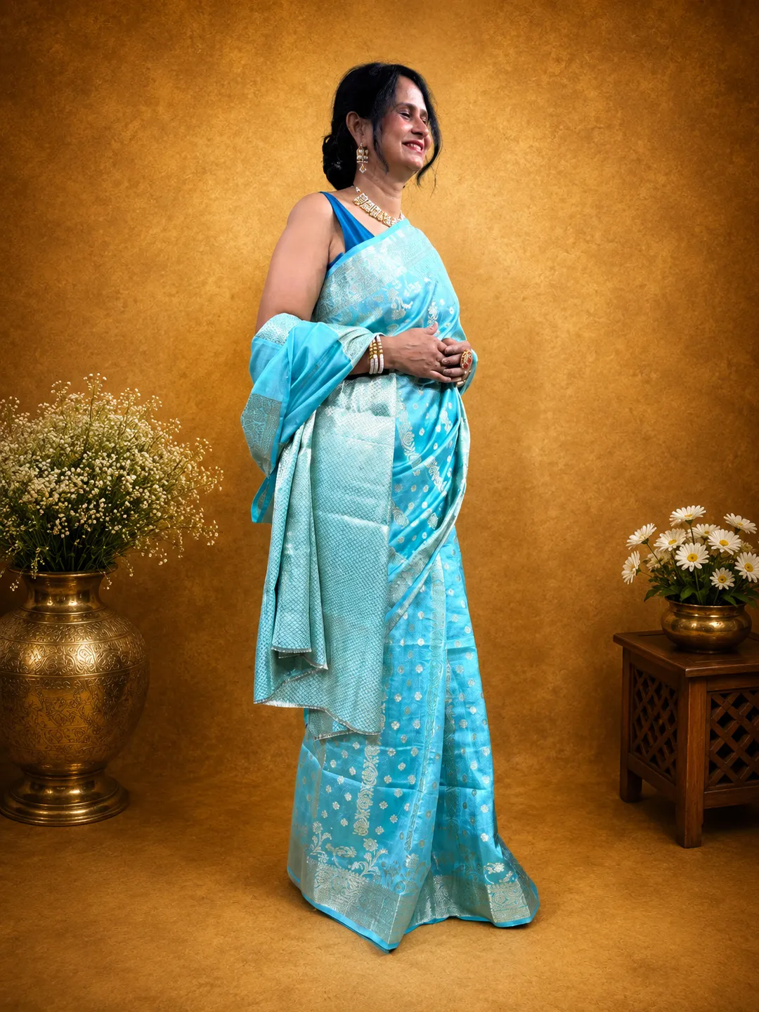 Blue Aqua Pure Chiniya Banarasi Silk Saree