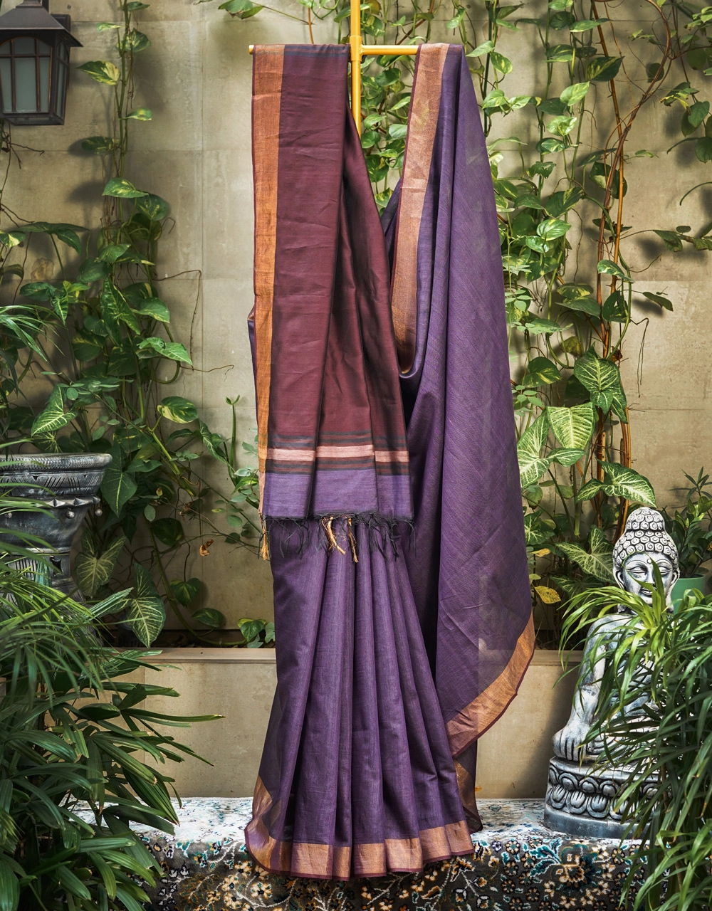 Violet Purple Contrast Pure Mulberry Munga Silk Spun Handloom Saree
