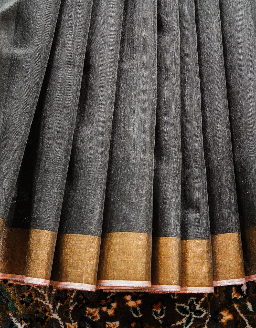 Black Charcoal Mulberry Munga Silk Spun Handloom Saree - View 5