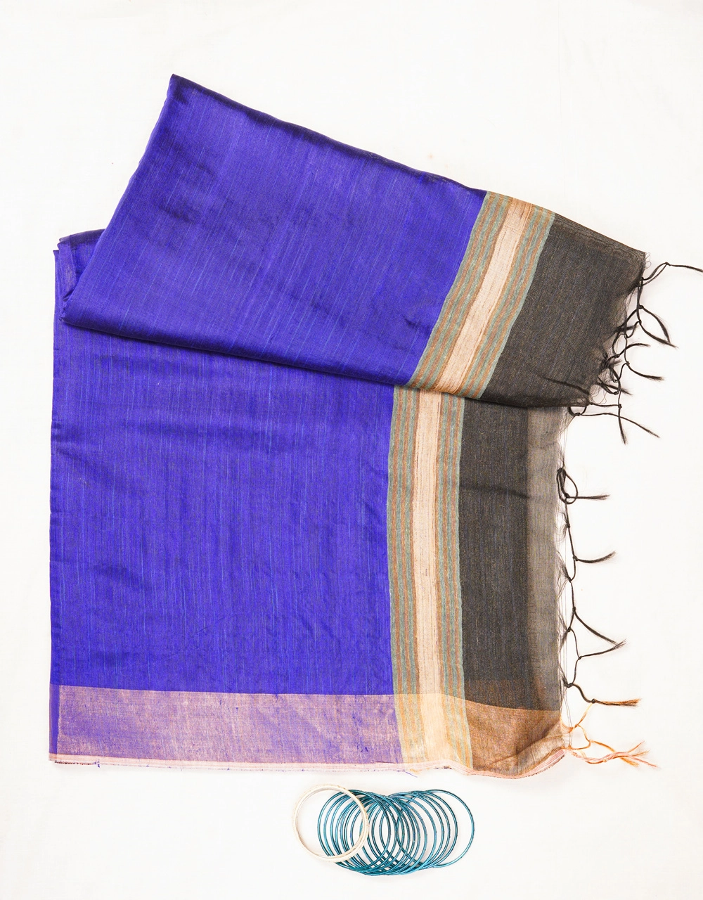 Hovered view of Black Pure Mulberry Munga Silk Spun Handloom Saree With Royal Blue Pallu